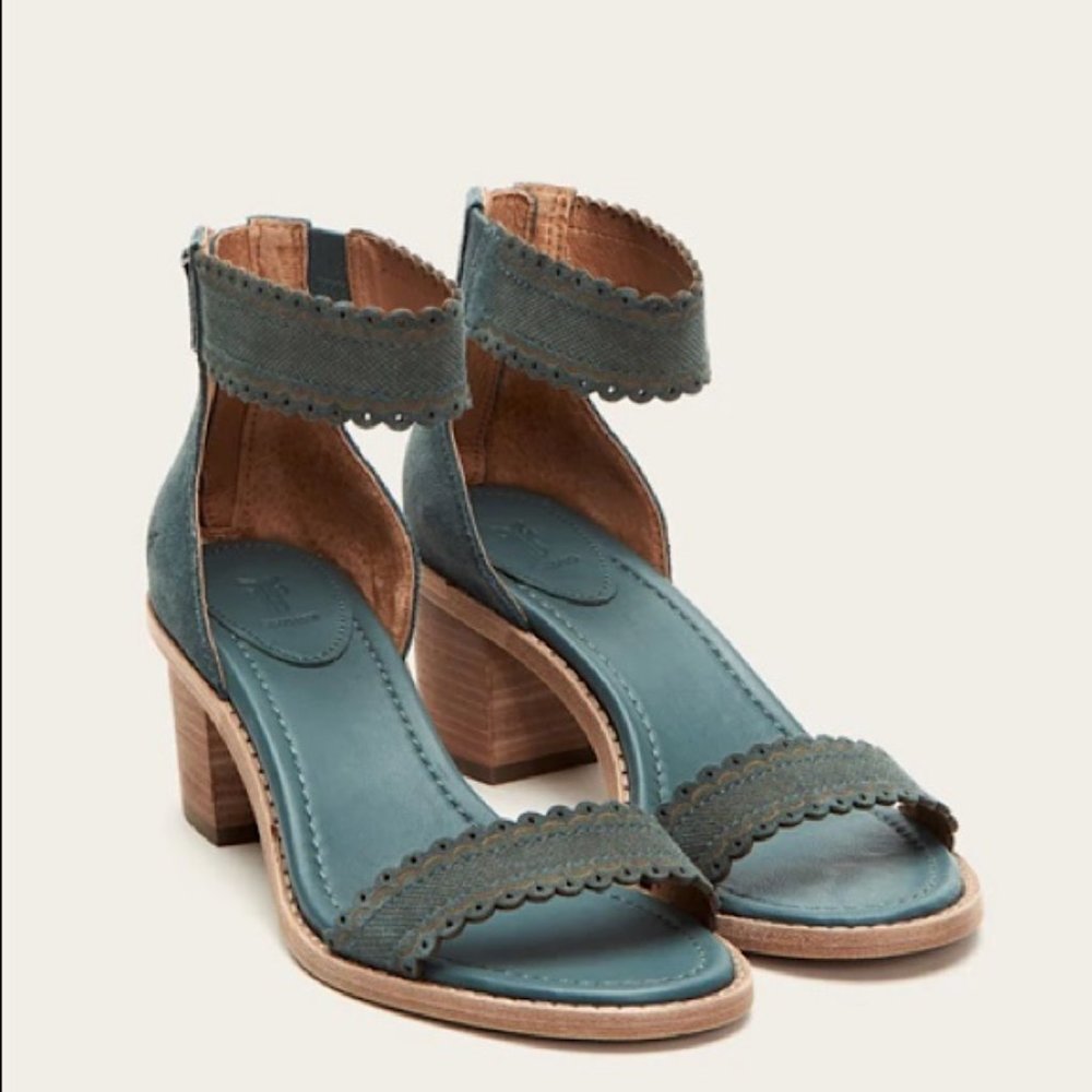 $340 Frye Teal/Turquoise Brielle Scallop Leather Suede Ankle Strap Heel Sandals - Picture 2 of 16